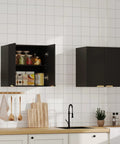 Slick Fluted Black Bathroom Wall Cabinet With Two Doors, installed in a kitchen, showing interior storage with jars and cans.