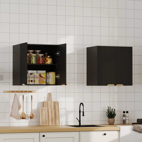 Slick Fluted Black Bathroom Wall Cabinet With Two Doors, installed in a kitchen, showing interior storage with jars and cans.