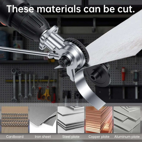 Powerful And Effortless Heavy Duty Drill Metal Cutter Attachment for sheet metal cutting, slicing aluminum with visible material types.