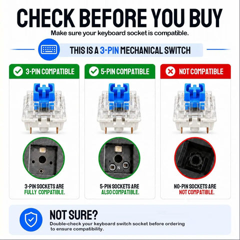 Blue Mechanical Keyboard Switches 80 Pack For DIY Builds And Repairs, 3 Pin Design Compatible With 5 Pin Layouts, Great For Testing, Replacements, And 3D Print Projects; 3-pin and 5-pin socket compatibility guide