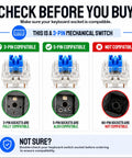 Blue Mechanical Keyboard Switches 60 Pack For Replacement And Testing 3 Pin Design Compatible With 5 Pin Layout Great For DIY Builds 3D Print Projects Mods And Spare Key Switches; 3-pin and 5-pin socket guide
