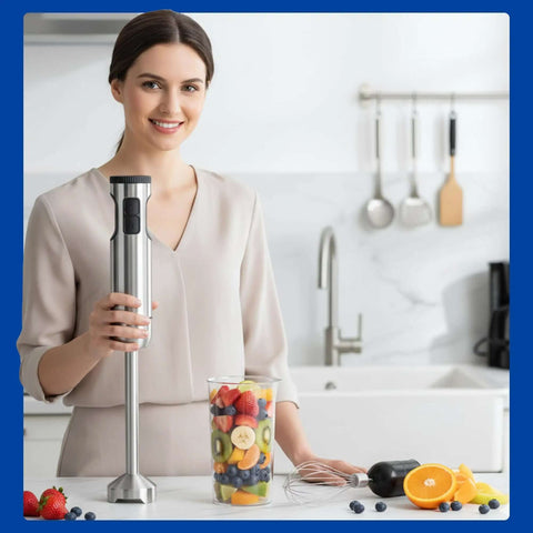 A woman in a kitchen holds the Top Shelf 4 In 1 Immersion Hand Blender Set that features an 800W motor and eight quick gears.