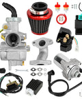 PZ20 Carburetor Kit With Ignition Coil Starter Relay Voltage Regulator And CDI Box For 50cc To 125cc Chinese ATVs Quads Go Karts Dirt Bikes Fits Tao Tao Coolster Kazuma Baja And More, showing various components including a carburetor, air filter, and ignition parts.