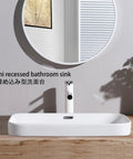 USZWBY Bathroom Vessel Sink Ceramic Washbasin Semi Recessed Bathroom Sink with round mirror on wooden countertop.