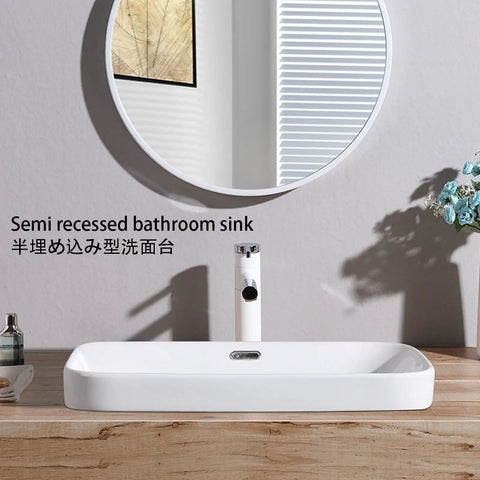USZWBY Bathroom Vessel Sink Ceramic Washbasin Semi Recessed Bathroom Sink with round mirror on wooden countertop.