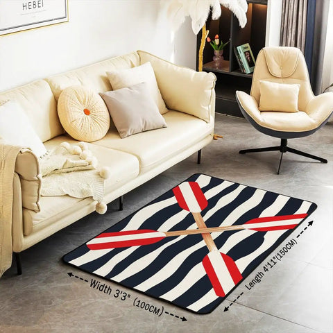 Rowing Oar Nautical Area Rug 5x7 Ocean Theme For Living Room Navy Blue Striped Geometric Pattern Decorative Rug in a living room