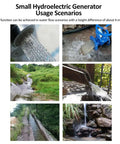 Image showing usage scenarios for 36W High Efficiency Brushless Hydroelectric Generator With App Control For Off Grid 12V 24V Battery Charging Portable Power Generator For Remote Areas And Tiny Adventure Setups.