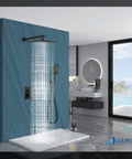 Luxury bathroom with 10 Inch Matte Black Rainfall Shower System With ABS Handheld 3 Functions All Metal Brass Construction