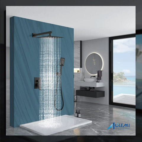 Luxury bathroom with 10 Inch Matte Black Rainfall Shower System With ABS Handheld 3 Functions All Metal Brass Construction
