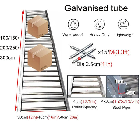 Galvanized Steel Roller Conveyor System For Unpowered Freight Handling With Extra Unloading Pulley And Slides, 40x500 Cm Flow Rack For Heavy Duty Haul And Smooth Movement; galvanized tube rollers and box loads