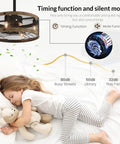 Child sleeping under Caged Farmhouse Ceiling Fan With Lights Remote Control Bladeless Enclosed Fandelier 18 Inch Black