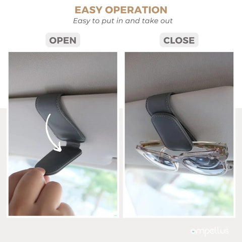 Keep Your Dash Clean With This Beefy Magnetic Leather Sunglass Holder Snapping Tight On Visors, displaying easy-open design.
