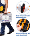 Person carrying a double-layer portable toolbox containing the 3160-piece All In One Flange Bolt And Screw Kit, Taiss Brand.