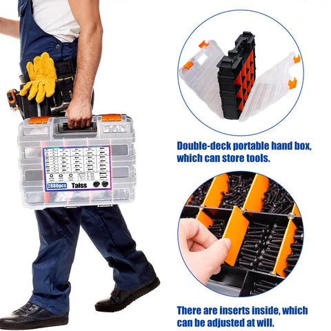 Person carrying a double-layer portable toolbox containing the 3160-piece All In One Flange Bolt And Screw Kit, Taiss Brand.