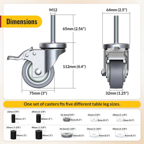 Locking Three Inch Expanding Stem Caster Wheels Set Of Four For Adjustable Tables, Carts And Furniture Legs dimensions