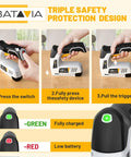 Straight Up Hassle Free Cordless Electric Staple Gun And Brad Nailer Combo With Plug And Play Rechargeable Lithium Ion Battery shown with safety instructions.