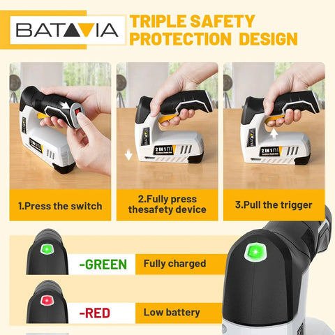 Straight Up Hassle Free Cordless Electric Staple Gun And Brad Nailer Combo With Plug And Play Rechargeable Lithium Ion Battery shown with safety instructions.