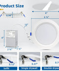 Product size and components of 8 Pack 16W 1800 Lumen 6 Inch Recessed Lighting With Junction Box Equivalent To 200W Incandescent 5000K Daylight Retrofit LED Recessed Canless Wafer Downlight Super Bright Ultra Thin Ceiling Can Light Dimmable ETL Energy Star