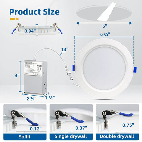 Product size and components of 8 Pack 16W 1800 Lumen 6 Inch Recessed Lighting With Junction Box Equivalent To 200W Incandescent 5000K Daylight Retrofit LED Recessed Canless Wafer Downlight Super Bright Ultra Thin Ceiling Can Light Dimmable ETL Energy Star