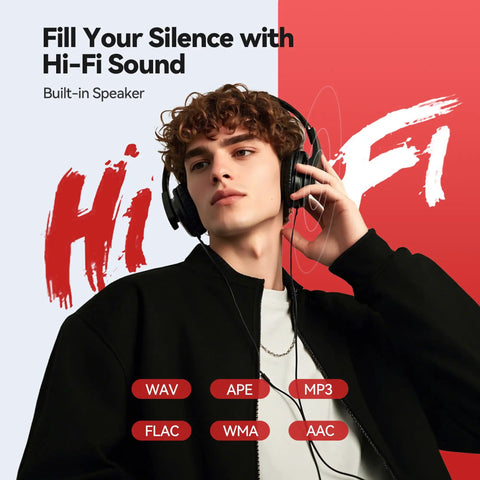 Person wearing headphones enjoying 64GB MP3 Player With Bluetooth And Built In Speaker M3 2.4 Inch Portable Music Player