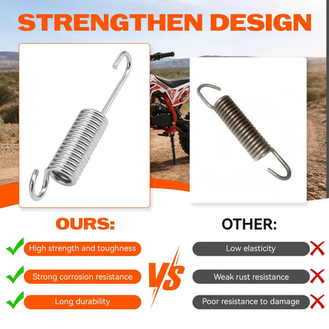 Comparison of dirt bike kickstand springs showing strength and durability differences between upgraded aluminum and standard designs.