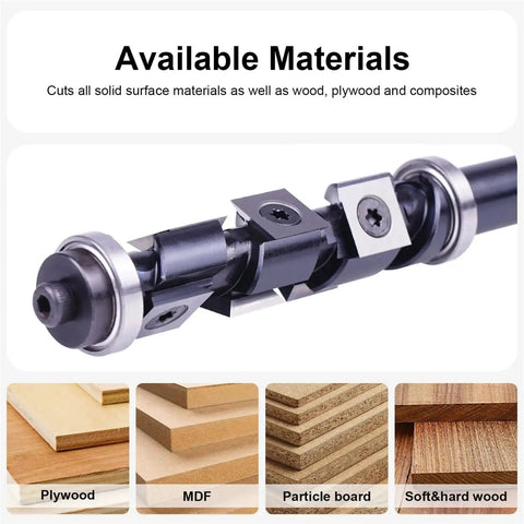 Built Tough Carbide Flush Trim Router Bit With Top And Bottom Bearings 19 Mm Diameter Half Inch Shank, cutting various wood materials.