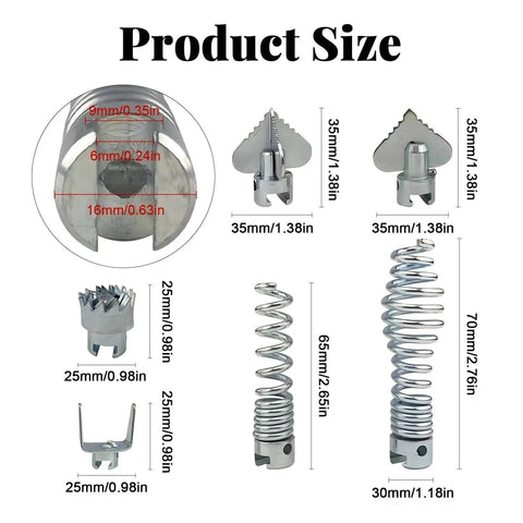 Six-piece set of Heavy Duty Pro Grade 16mm Manganese Steel Drain Cleaner Cutter Heads dimensions with pipeline dredging kit key.