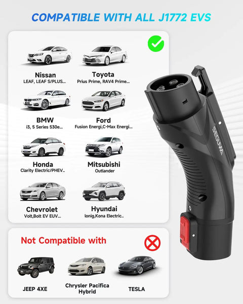 Portable Tesla To J1772 EV Charging Adapter With 60 Amp Output And Rugged Ip65 Weatherproofing Featuring A Secure Safety Lock for J1772 EVs.