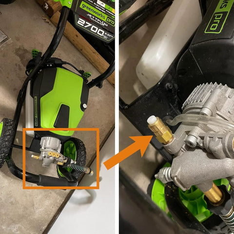 Two-panel view of a green Amazon pressure washer with a thermal relief valve; close-up of brass valve on pump.
