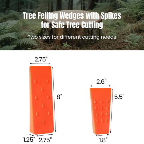 Amazon tree felling wedges with spikes; two orange plastic wedges, 8 inches and 5.5 inches tall, with textured spikes.