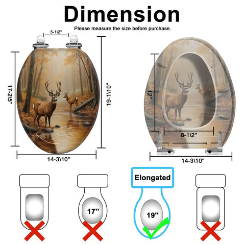 Toilet Seat Slow Close for Bathroom Replacement, oval shape with deer forest design, dimensions 19-11" x 14-3/10".
