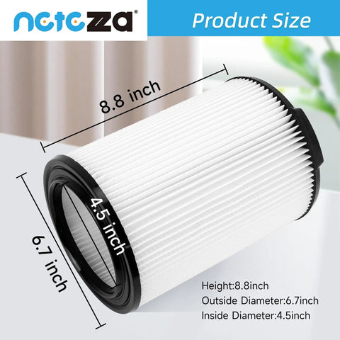 Go-To Universal Replacement Vacuum Filter Kit For Wet Dry Vacs 5-20 Gallon And 6-9 Gallon Models Includes 2 Filters 4 Foam Sleeves And 1 Cleaning Brush For Heavy Duty Suction And Easy Cleanup showing detailed filter dimensions.