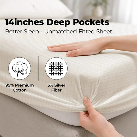 Grounding Fitted Sheet Queen Size With Cord For Deep Pocket Sleep Health And Earth Energy Game Changer Gray 60x80x14 Inches Sleep Hack For Whole Body Grounding And Restful Nights with hands showing fit and material details