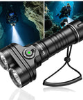 DL05 6000LM Scuba Dive Light with dual-head design, 100m waterproof, shown in underwater use, IPX8 Type C rechargeable torch.