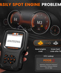 OBD2 Scanner For 1996 And Later Cars With Upgraded AD310 Module Read And Clear Fault Codes Battery Test Live Data And Full OBD II Diagnostic Tool That Translates Codes To Plain English Saving You Big Bucks On Check Engine Visits in hand displaying error code on LCD screen
