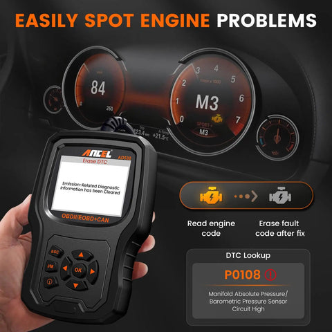 OBD2 Scanner For 1996 And Later Cars With Upgraded AD310 Module Read And Clear Fault Codes Battery Test Live Data And Full OBD II Diagnostic Tool That Translates Codes To Plain English Saving You Big Bucks On Check Engine Visits in hand displaying error code on LCD screen