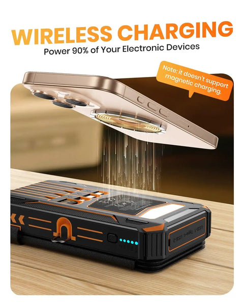 On The Go 48000mAh Solar Charger Power Bank With Four Solar Panels Wireless Charging Four Built In Cables