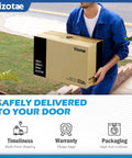 Person carrying Vizotae package safely delivered to your door, emphasizing timeliness, warranty, and secure packaging.
