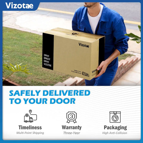 Person carrying Vizotae package safely delivered to your door, emphasizing timeliness, warranty, and secure packaging.