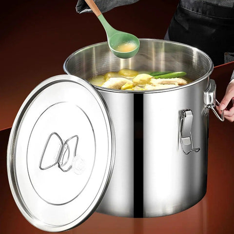 Heavy Duty Stainless Steel Food Dispenser Airtight Canister For Rice Flour Coffee Beans holding soup with green ladle.