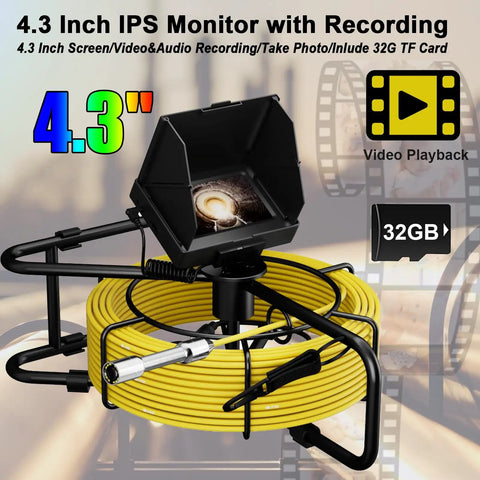 10m Pipe Inspection Camera With 4.3 Inch LCD Screen And DVR, yellow cable coiled with 17mm waterproof probe and 32GB card
