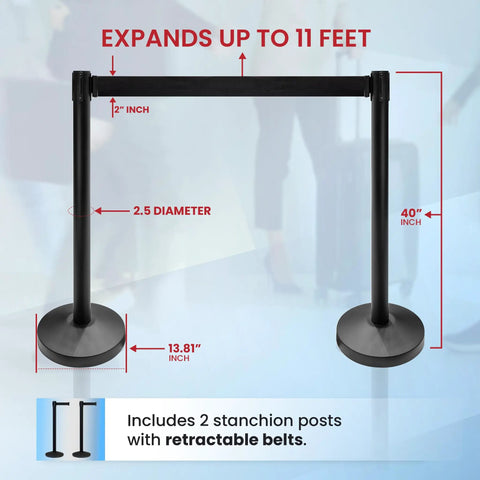 Beefy Two Pack Stanchion Belt Barriers With 11 Foot Black Belts And 40 Inch Posts Built For Indoor Or Outdoor Crowd Control