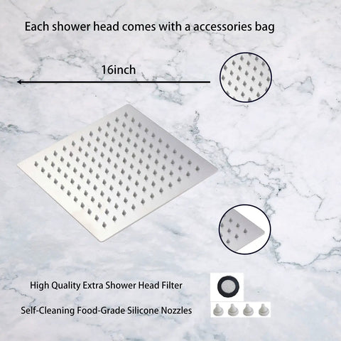 16 Inch Square Stainless Steel Rainfall Shower Head High Pressure Chrome Finish With Silicone Jets For Wide Coverage