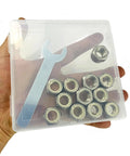 Beefed Up 1/2-20 Stainless Nylon Insert Lock Nuts 304 Stainless Steel Inch Thread 12 Pack in a plastic case with a wrench