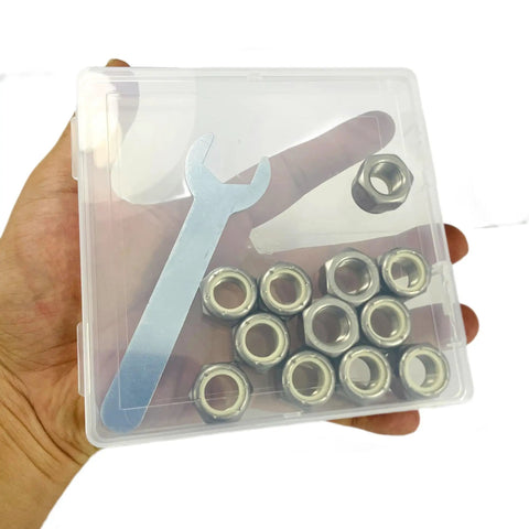 Beefed Up 1/2-20 Stainless Nylon Insert Lock Nuts 304 Stainless Steel Inch Thread 12 Pack in a plastic case with a wrench