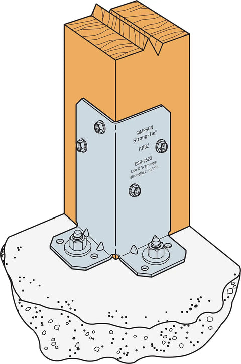 Diagram of RPBZ ZMAX Galvanized Retrofit Post Base for Double 2x4 Posts Pack Of 12 Beefs Up Existing Posts and Columns on concrete.