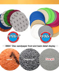 Huge 5 Inch Waterproof Hook Loop Sanding Discs With Silicon Carbide Grits From 60 To 10000 For Professional And DIY Auto Body Jobs Super Durable Smooth Finish Ready To Rock display of various grit sanding discs.