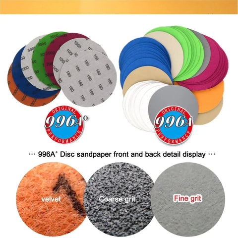 Huge 5 Inch Waterproof Hook Loop Sanding Discs With Silicon Carbide Grits From 60 To 10000 For Professional And DIY Auto Body Jobs Super Durable Smooth Finish Ready To Rock display of various grit sanding discs.