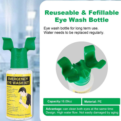 Reusable and refillable eye wash bottle with green dual nozzle, emergency eye wash kit label, 16.09oz capacity, material PE.