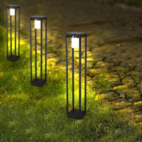 Outdoor Solar Landscape Floor Lamp With Motion Sensor 60W Equivalent Aluminum Waterproof Cordless Light on grass path